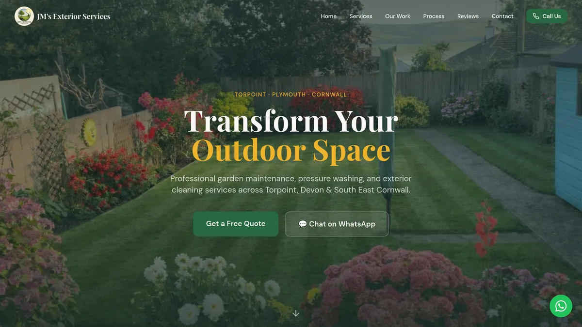 JM's Exterior Services website on a laptop